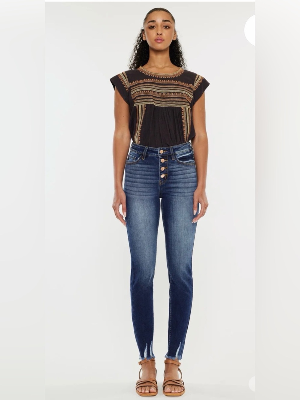 KanCan Jenny High-Rise Button-Fly Distressed Dark Blue Jeans - Picture 2 of 9